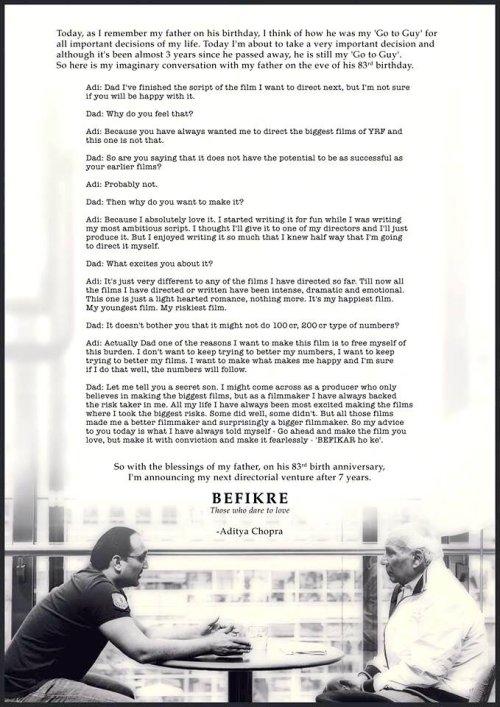 Aditya Chopra announces his directorial Befikre on Yash Chopra’s birth anniversary