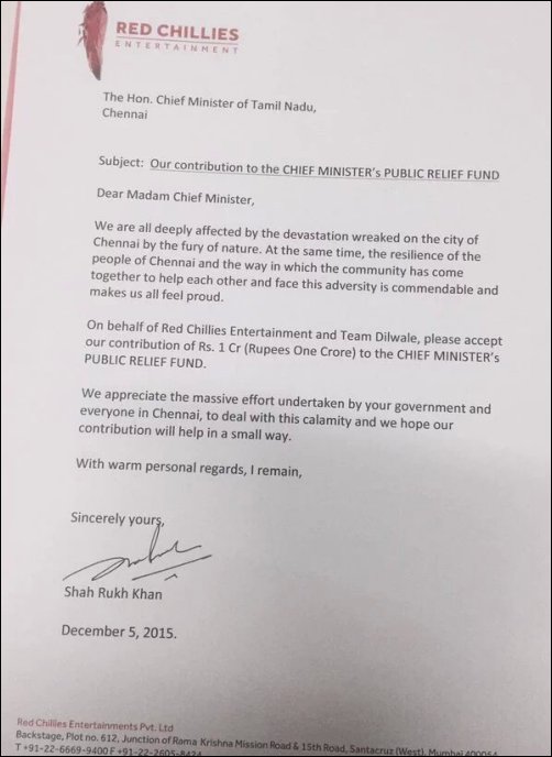 Red Chillies and team Dilwale donate Rs. 1 crore to Chennai