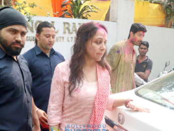 Hema Malini snapped after a holi party at daughter Esha Deol's residence