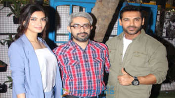 Diana Penty, John Abraham and Abhishek Sharma snapped doing media interactions for their film Parmanu at Bombay Adda