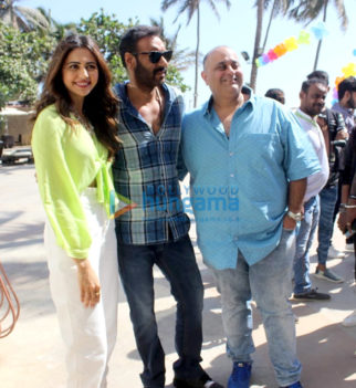 Ajay Devgn, Rakul Preet and Akiv Ali snapped during media interactions for De De Pyaar De at Sun N Sand in Juhu