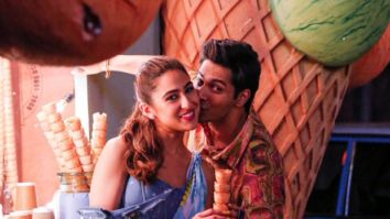 Varun Dhawan gives a sweet kiss to Sara Ali Khan on their ice cream date in the song ‘Mirchi Lagi Toh’ from Coolie No. 1