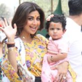 Shilpa Shetty and daughter Samisha pose for the paparazzi after their visit to Siddhivinayak temple with their family