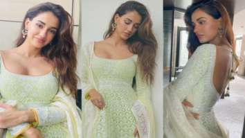 Disha Patani is a desi queen in a heavily embroidered Abu Jani and Sandeep creation with a popping neon green overlay