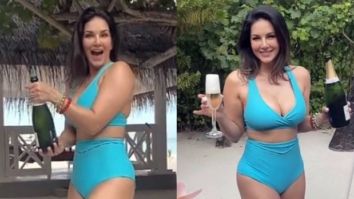 Sunny Leone raises the temperature in a blue and peach bikinis on the beach in Maldives