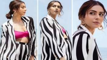 Rakul Preet Singh takes her fashion game a notch higher in monochrome pant-suit and pink bralette worth Rs. 8,990 for Runway 34 promotions