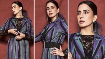 Kirti Kulhari shells out major boss lady vibes in a black lace dress, striped blazer for Four More shots promotion