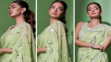 Anushka Sen dazzles in light green mirror work embellished saree by Abu Jani Sandeep Khosla in her latest stills