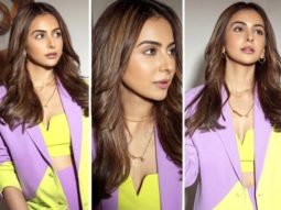 Rakul Preet Singh rocks a colour-blocked pant-suit that is bold and bright for Chhatriwali promotions