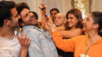 Shehzada: Kriti Sanon and Manisha Koirala forcefully feed cake to Kartik Aaryan at the wrap up party