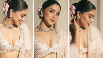 Sharvari Wagh looks like an angel in disguise in an ivory lehenga by Falguni & Shane Peacock as she attends the wedding celebration of Ramesh Taurani’s daughter