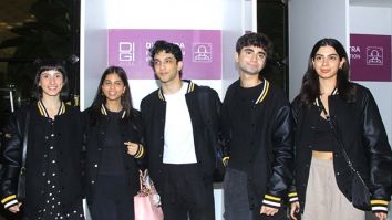 The Archies team, including Suhana Khan, Agastya Nanda, and Khushi Kapoor, sport matching jackets as they depart for Tudum 2023 in Brazil